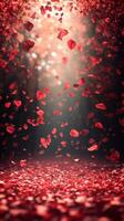 Beautiful red leaves falling in a serene forest setting during golden hour light photo