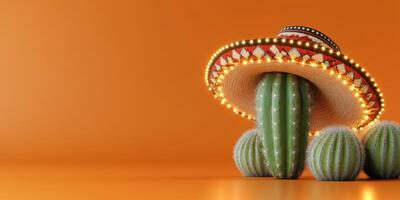 Cacti wearing a traditional sombrero with vibrant colors and warm lighting against an orange background photo