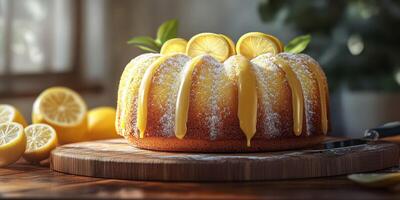 Lemon bundt cake with glaze and fresh slices displayed on a wooden board in a cozy setting photo