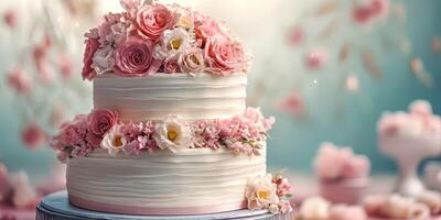 Elegant wedding cake adorned with pink roses and floral accents in a soft pastel setting photo