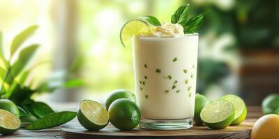 Refreshing lime drink garnished with mint leaves and lime slices on a wooden table in a bright outdoor setting photo