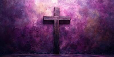 Wooden cross against a textured purple wall in a serene ambiance highlighting spiritual themes photo