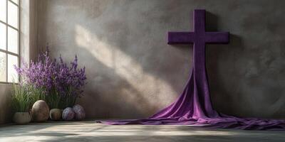 Purple cross with flowers and stones in a serene indoor setting bathed in soft light photo