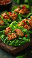 Delicious chicken lettuce wraps prepared with fresh ingredients and a savory sauce ready to enjoy at a casual gathering photo