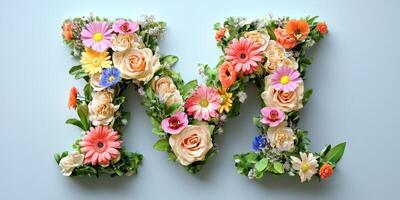 Floral letter M crafted from a variety of colorful flowers against a light blue backdrop photo
