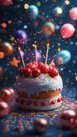 Colorful birthday cake with candles and decorations at a joyful celebration photo