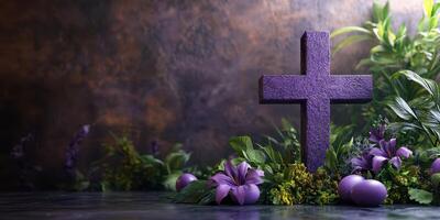 Purple cross surrounded by greenery and pastel decorations in a serene setting for a religious celebration photo