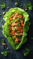 Colorful lettuce wraps filled with chicken, carrots, and peppers served on a dark background photo