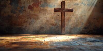 Wooden cross stands in a dimly lit, rustic chapel with dramatic light streaming down, creating a serene atmosphere photo