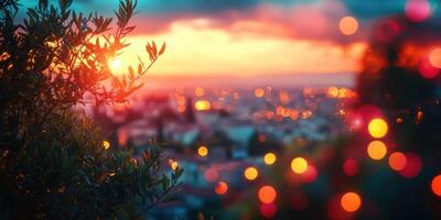 Sunset over a city with blurred lights and vibrant colors in the background photo