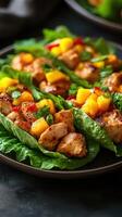 Grilled chicken lettuce wraps garnished with mango salsa served on a dark plate photo