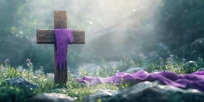 Serene wooden cross draped with purple cloth among blooming flowers and soft morning light in a tranquil setting photo