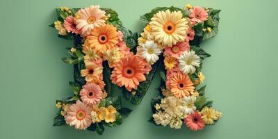 Floral letter M design featuring vibrant flowers and green leaves on a soft background photo