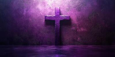 Vibrant purple cross illuminated against textured background in a serene atmosphere photo