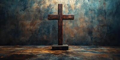 Wooden cross standing in a textured environment with dramatic lighting highlighting its features photo