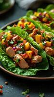 Delicious chicken lettuce wraps with fresh mango salsa served on a dark plate during a vibrant summer gathering photo