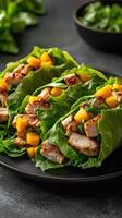 Grilled chicken and mango lettuce wraps served on a dark plate with fresh cilantro in the background photo