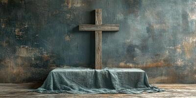 Wooden cross displayed on fabric draped surface in an artistic setting with textured walls photo