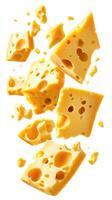 Slices of yellow cheese falling in mid-air, showcasing various shapes and sizes with holes for texture photo