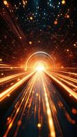Light streaks create an illusion of speed in a vibrant tunnel during a cosmic journey through space photo