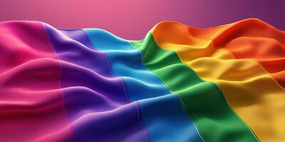 Vibrant rainbow flag waves gracefully under a soft gradient sky during a pride celebration photo