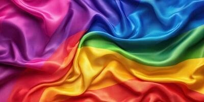 Colorful pride flag fabric displaying vibrant patterns flowing elegantly in soft folds photo