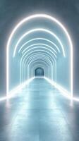 Futuristic corridor with glowing arches, featuring modern architecture and vibrant lighting at twilight photo
