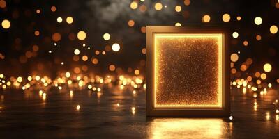 Elegant illuminated frame with golden sparkles in a dark setting during a festive event photo