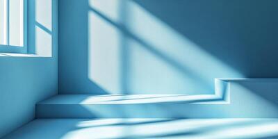 Bright blue interior with soft shadows and simple geometric shapes highlighting a tranquil atmosphere photo