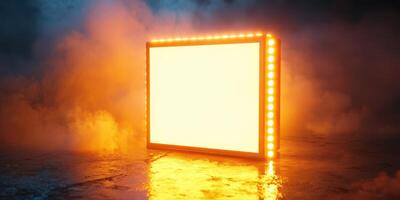 Bright illuminated frame surrounded by fog in a dark environment creates a captivating visual display photo