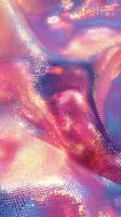Vibrant and reflective fabric with a shimmering colorful pattern flowing gracefully in soft light during daytime photo