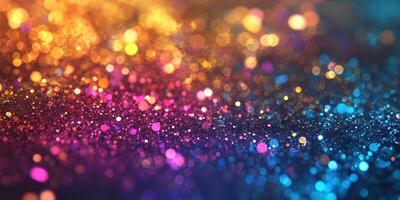 Colorful glitter sparkles create a vibrant abstract background illuminated by soft light at night photo