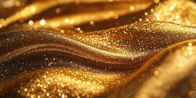 Smooth golden fabric shimmering under soft light, creating a luxurious and elegant atmosphere photo