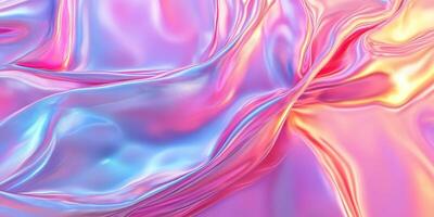 Colorful silky fabric creates an abstract wave pattern with a blend of pink and blue hues in soft lighting photo