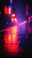Vibrant city lights reflected in rain-soaked streets during a nighttime downpour photo