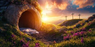 Beautiful sunset over a tranquil landscape featuring a cave and three crosses in the background photo