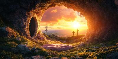 Sunset illuminates a cave with crosses and a blanket, symbolizing peace and reflection in a serene landscape photo