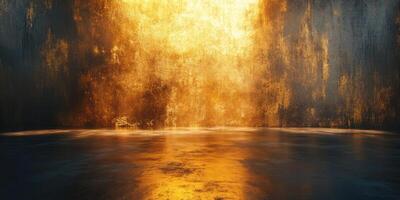 Golden waterfall cascading into still water under a dark cave in a mystical setting photo