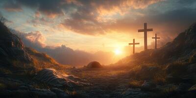 Sunset casts a warm glow over three crosses on a hilltop with a mysterious figure draped in cloth nearby photo
