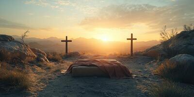 reflexión a amanecer con cruces en el Desierto simboliza esperanza y fe durante un tranquilo Mañana meditación foto