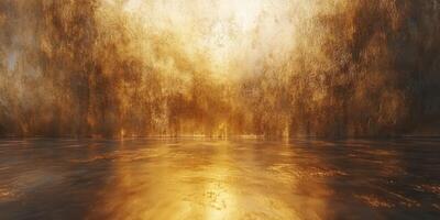 Golden mist rises from the calm lake at sunset creating a serene and mystical atmosphere photo