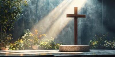 Wooden cross illuminated by sunlight in a serene garden setting with flowers and greenery in soft focus photo