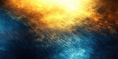 Vibrant play of light on polished surface creates mesmerizing abstract patterns in gold and blue hues photo