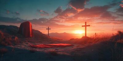 Sunset over a serene landscape with crosses and a fabric draped on the ground, evoking a sense of peace and reflection photo
