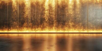 Bright golden wall with reflective floor creates a stunning modern interior space photo