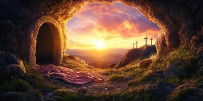 Sunrise over a cave with crosses and a blanket on the ground, symbolizing rebirth and hope photo
