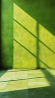 Bright green walls create a serene atmosphere in a well-lit room with geometric shadows during the afternoon photo