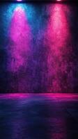 Colorful spotlight effects illuminate a textured wall in a low-lit underground space during a vibrant event photo