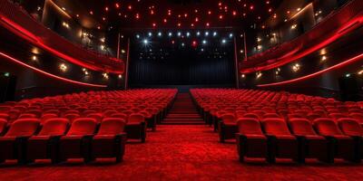 Luxurious red theater interior showcasing plush seating and dramatic lighting before an upcoming performance photo