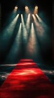 Red carpet illuminated by dramatic lights in a dimly lit venue creates an exciting atmosphere for an upcoming event photo